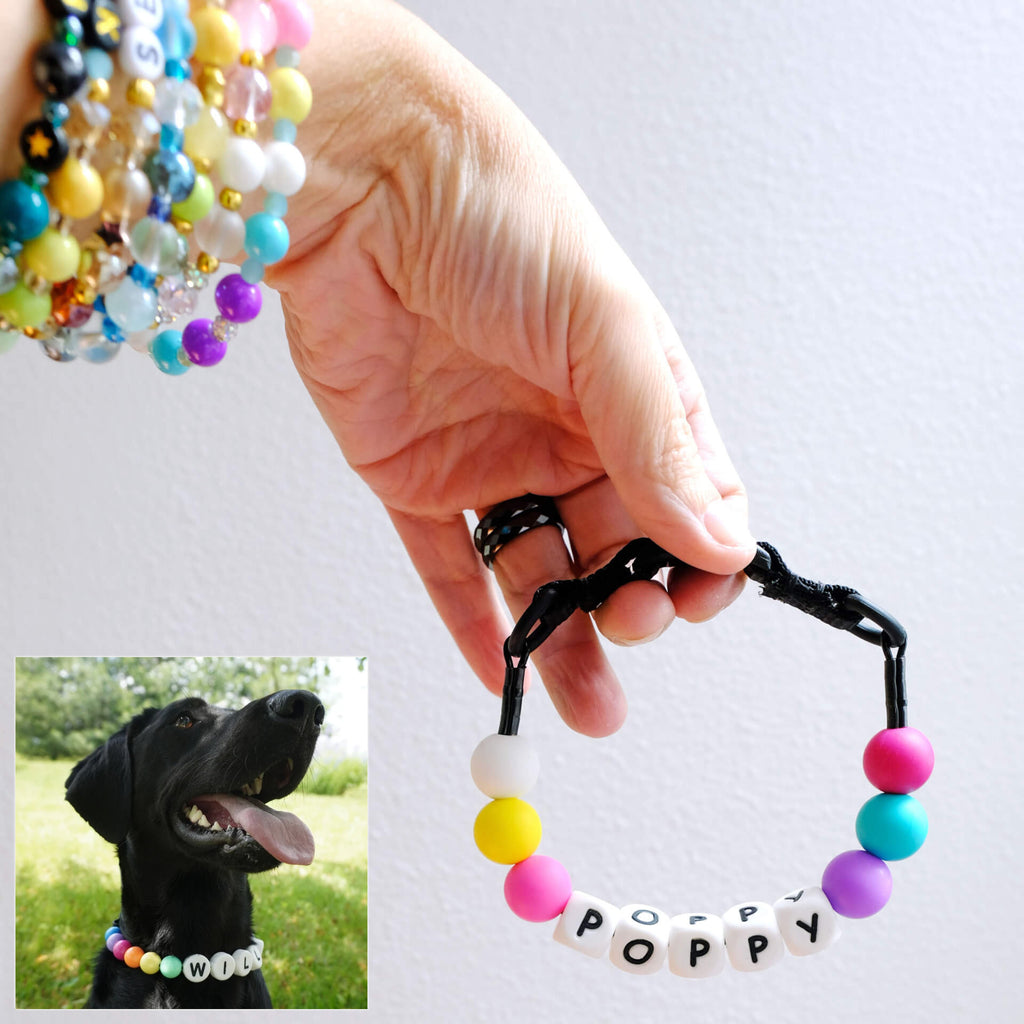 Personalized beaded dog collar with matching name bracelet, handmade pet jewelry set in multiple colors