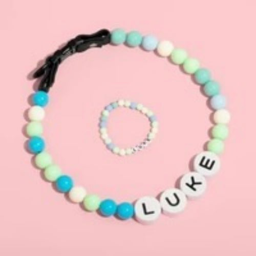 Personalized beaded dog collar with matching name bracelet, handmade pet jewelry set in multiple colors